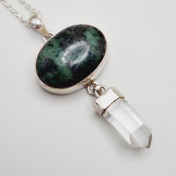 Black Green Zoisite Crystal Druzy Drop Boho 925 Sterling Silver Necklace - Picture 2 of 7